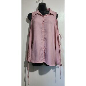 Fashion Nova Lizbeth Button Down Cold Shoulder Blouse Pink Size L NWT